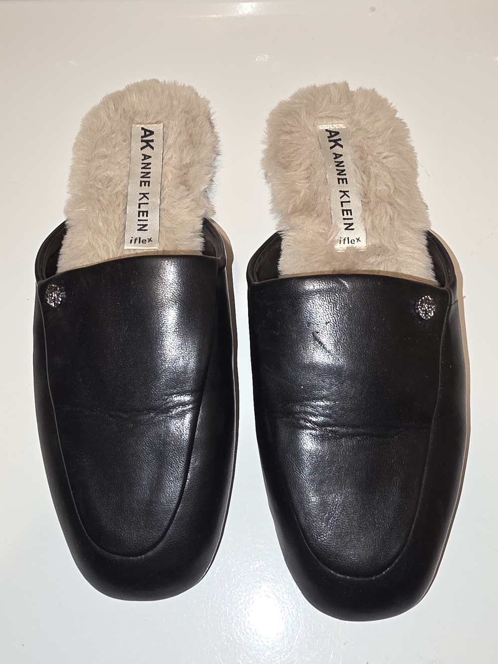Anne Klein Black Faux-Leather Laura Fur-Lined Slip-On Slippers